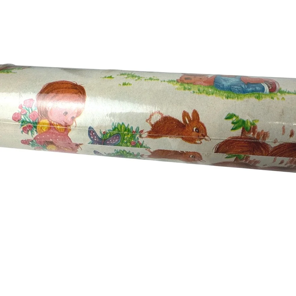 Vintage 80s Gift Wrap Paper Roll Children Rainbow Bunnies Squirrels 24 Inch